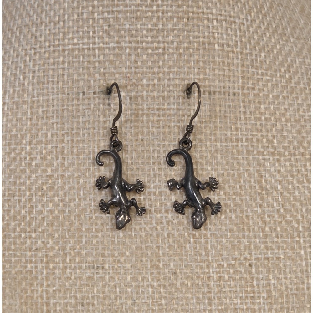 Vintage Oxidized Sterling Silver Gecko Lizard Shude Dakota West Dangle Earrings